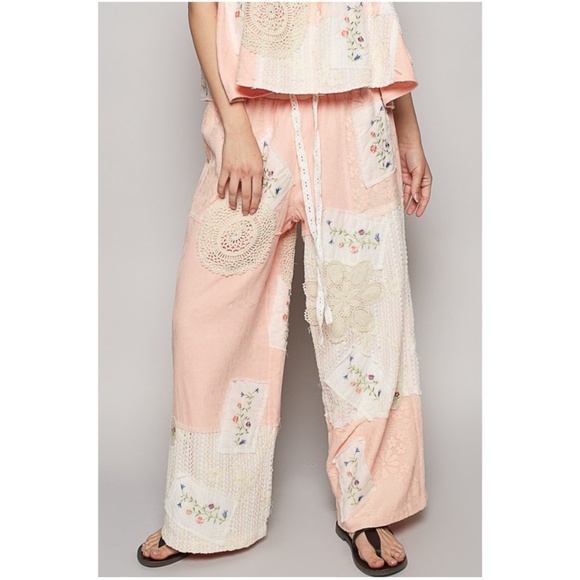 POL Pants - POL Floral Crochet Embroidered Color Block Stretchy Drawstring Waist Pants